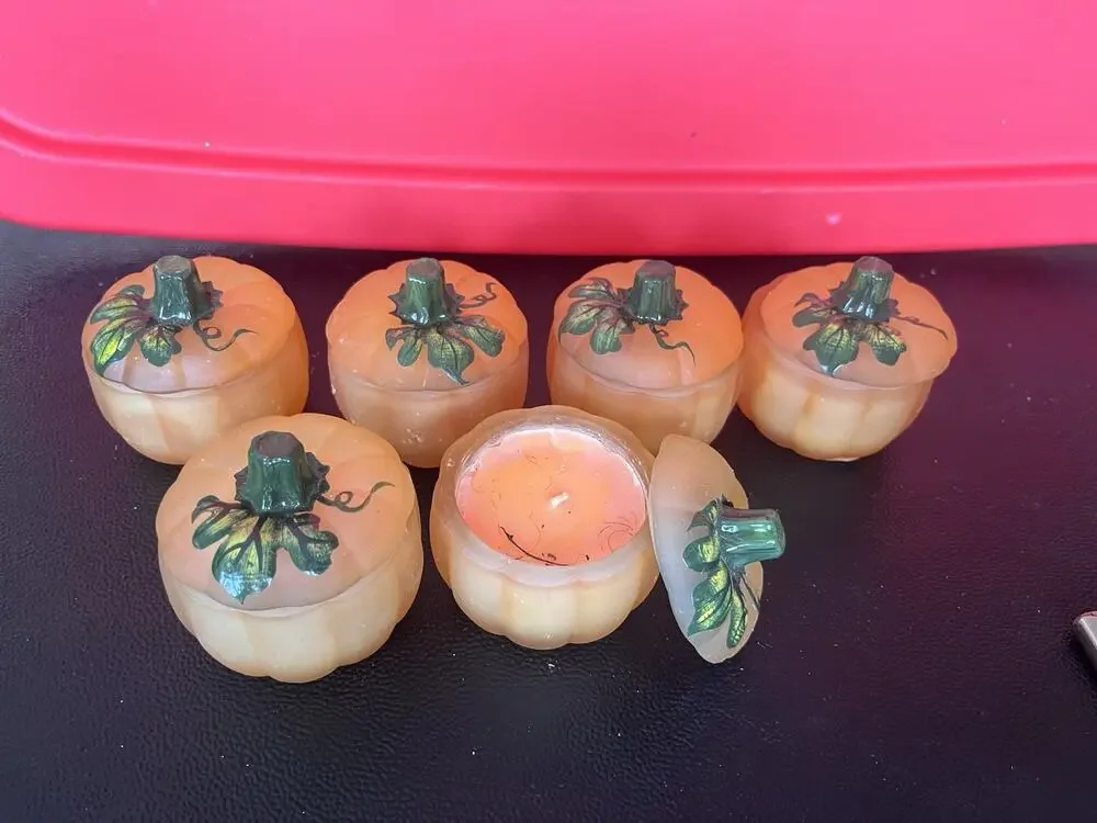 Vtg Pumpkin Votive Candle Holder with Lid Halloween Fall Decoration Vtg Set Of 6